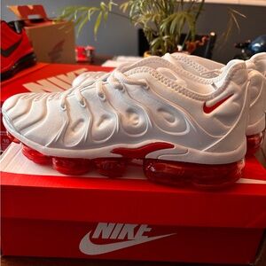 Red and White Nike Vapor Max Plus